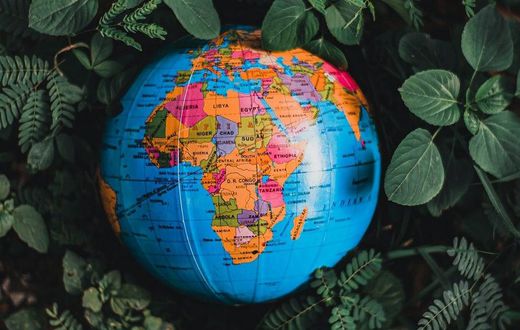 Globe in green leaves with map of Africa in view [Photo: Nothing Ahead]