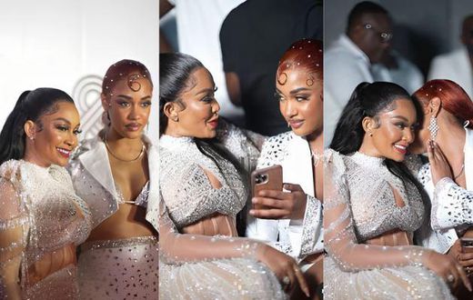 A collage image of Tanasha Donna and Zari Hassan during Zari's All-White paty in Kampala