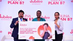 Jubilee Life CEO Sumit Kumar Gaurav together with COO Dorcus Kuhimbisa and Ms Sharon Tumushabe at the product launch