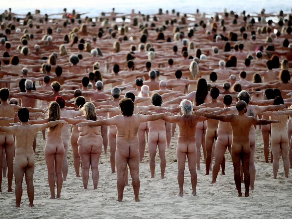 A Group of people stood naked on Bondi Beach for the cancer awareness photo shoot.Don Arnold/WireImage