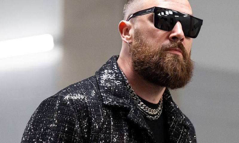 Travis Kelce was spotted singing along to Taylor Swift's "Love Story" at a Las Vegas nightclub. This photo of him is not from the same night.Luke Hales/Getty Images