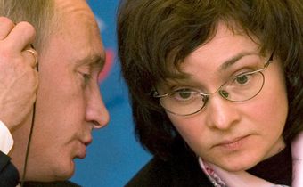 Russia's President Vladimir Putin and Russian central bank governor Elvira Nabiullina in a 2008 photo. At the time, Putin was Russia's Prime Minister and Nabiullina was the country's economy minister.Sergei Karpukhin/Reuters