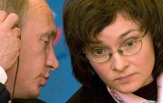 Russia's President Vladimir Putin and Russian central bank governor Elvira Nabiullina in a 2008 photo. At the time, Putin was Russia's Prime Minister and Nabiullina was the country's economy minister.Sergei Karpukhin/Reuters