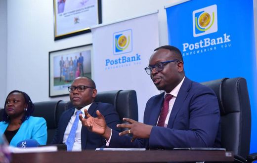 Post Bank Managing Director, Julius Kakeeto addressing a press conference on Monday April 8