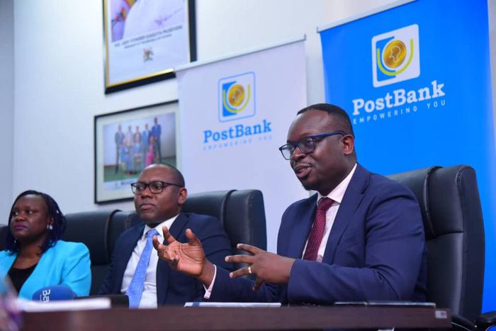 Post Bank Managing Director, Julius Kakeeto addressing a press conference on Monday April 8