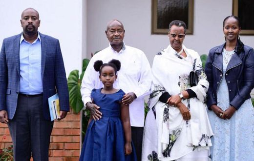 Gen Kainerugaba, President Museveni with his granddaughter, Janet and Charlotte