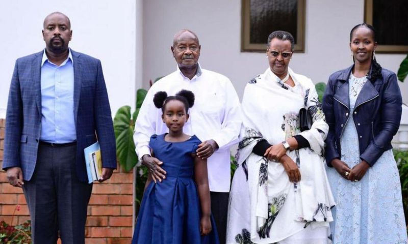 Gen Kainerugaba, President Museveni with his granddaughter, Janet and Charlotte