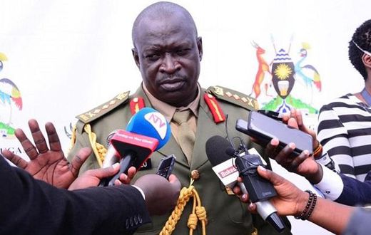 Gen Peter Elwelu speaking to the press