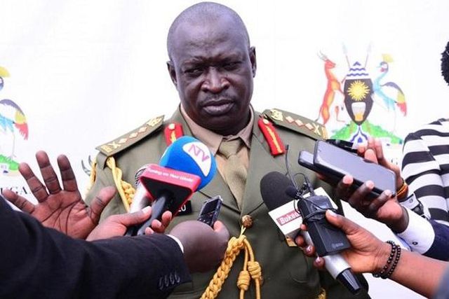 Gen Peter Elwelu speaking to the press