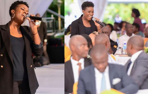 Juliana Kanyomozi performing during the luncheon
