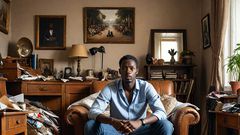 An AI-generated image of a man sited in an unkept house