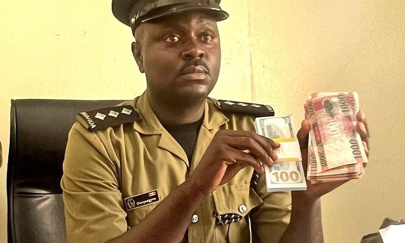 Luke Owoyesigire showing some of the counterfeit money seized in the police operation