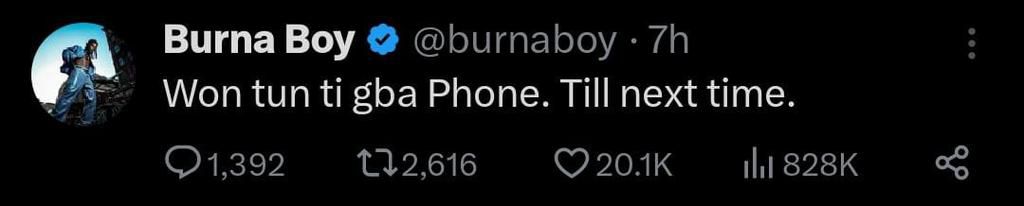Burna Boy's tweet [X/Burnaboy]