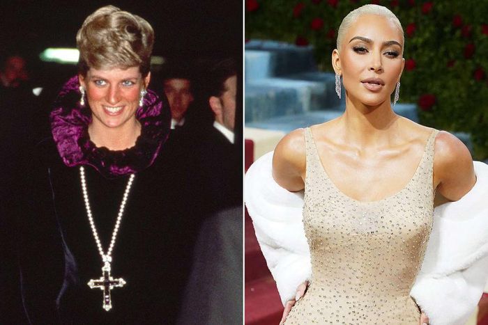 Princess Diana wearing the pendant and Kim Kardashian wearing Marilyn's gown [People]