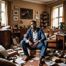 An AI-generated image of a man sited in an unkept house