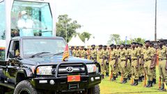 President Yoweri Museveni touring the police parade at the Labour Day celebrations in Fort Portal