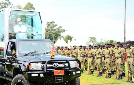 President Yoweri Museveni touring the police parade at the Labour Day celebrations in Fort Portal