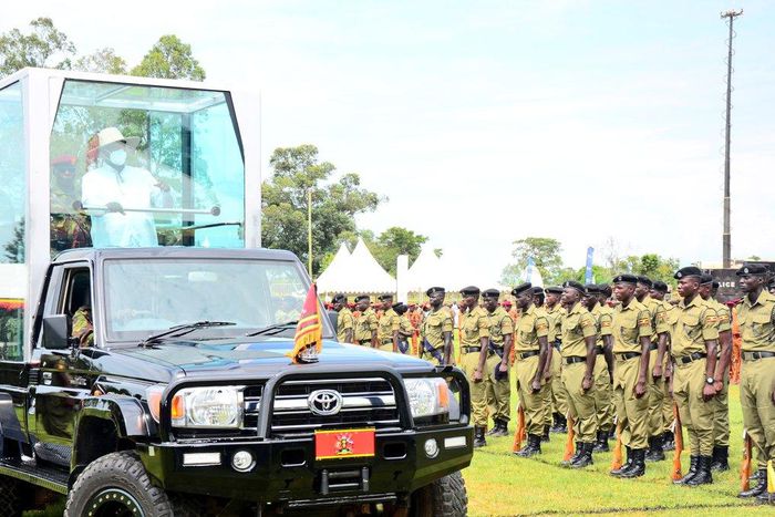 President Yoweri Museveni touring the police parade at the Labour Day celebrations in Fort Portal