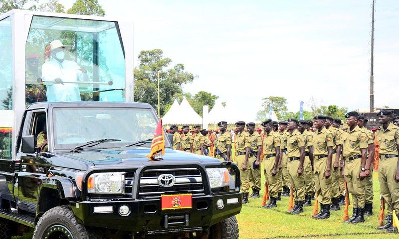 President Yoweri Museveni touring the police parade at the Labour Day celebrations in Fort Portal