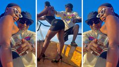Awilo Longomba retires drink on Ritah Dancehall's backside on sailing excursion/Instagram