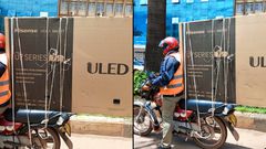Boda boda rider securing television screen on bike/Courtesy