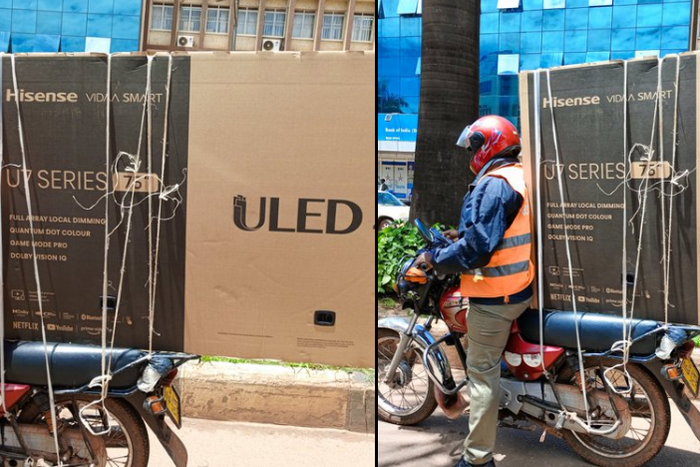 Boda boda rider securing television screen on bike/Courtesy