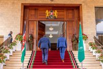 Former President Former President Uhuru Kenyatta alongside his successor, President William Ruto, at State House, Nairobi