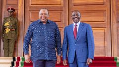 Former President Former President Uhuru Kenyatta alongside his successor, President William Ruto, at State House, Nairobi