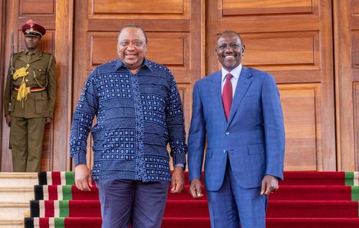 Former President Former President Uhuru Kenyatta alongside his successor, President William Ruto, at State House, Nairobi
