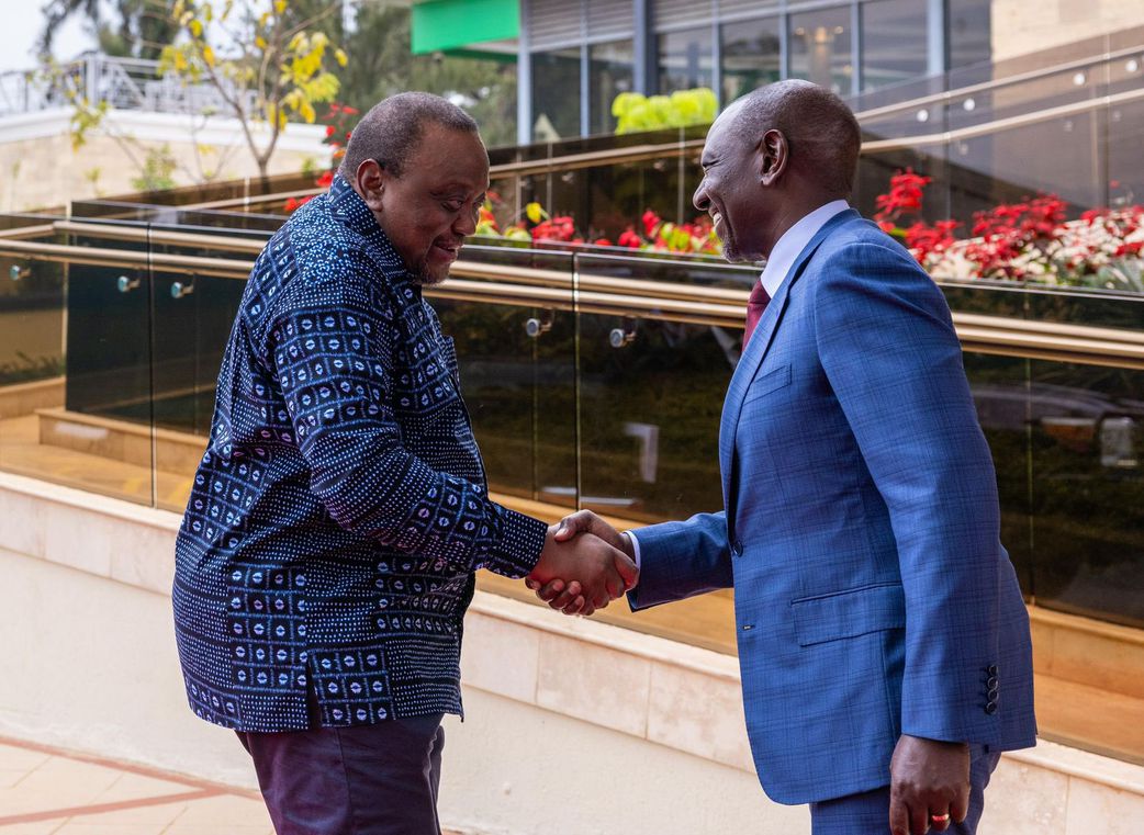 Former President Former President Uhuru Kenyatta, alongside his successor, President William Ruto, at State House, Nairobi