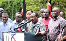 Former Limuru MP Peter Mwathi addressing the press in the company of Azimio co-principal Kalonzo Musyoka and other leaders at the SKM Command Centre in Nairobi on Nov 30, 2024