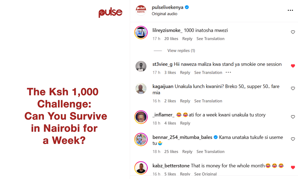 Pulse dared Nairobians to survive a week with Sh1000 and reactions were wild