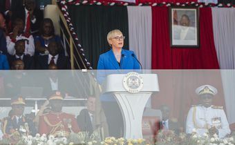 Nataša Pirc Musar, Slovenia's first woman president, gives her remarks at Kenya's Madaraka Day Celebrations at Raila Odinga Stadium, Homa Bay
