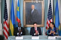 Rwandan Foreign Minister Olivier Nduhungirehe (Left), US Secretary of State Marco Rubio (Centre) and DRC Foreign Minister Therese Kayikwamba Wagner (right) at the signing a peace agreement on June 27