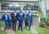 Agriculture CS Mutahi Kagwe flanked by Joel Chacha and PS Jonathan Weke