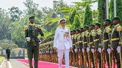 Brigadier Michael Rosette Chief of the Seychelles Defence Forces inspects a guard of honour by Rwanda Defence Forces in Kigali