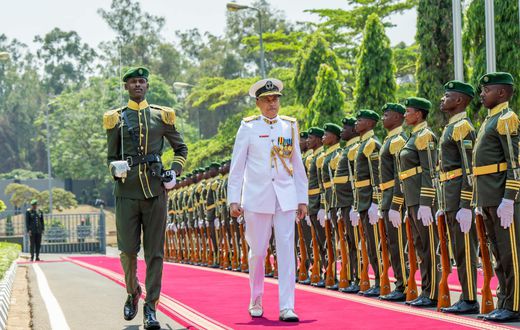 Brigadier Michael Rosette Chief of the Seychelles Defence Forces inspects a guard of honour by Rwanda Defence Forces in Kigali