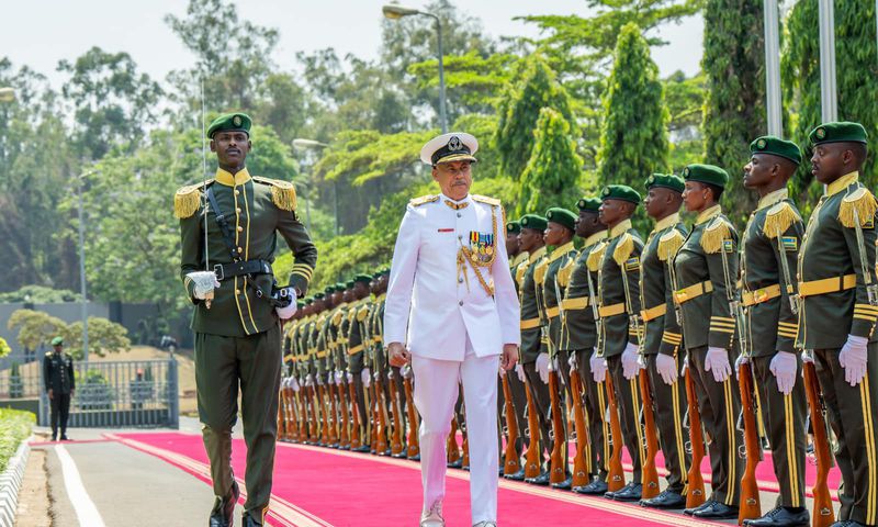 Brigadier Michael Rosette Chief of the Seychelles Defence Forces inspects a guard of honour by Rwanda Defence Forces in Kigali