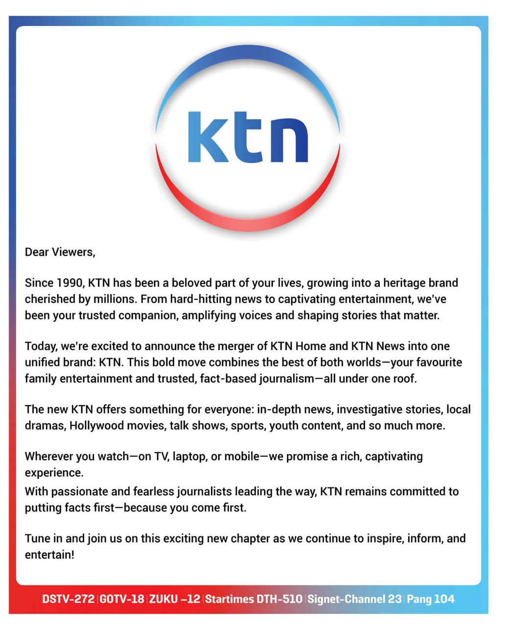 KTN announces major brand merger of KTN Home and KTN News
