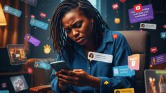 An AI-generated  image indicating a person overwhelmed by social media