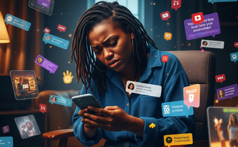 An AI-generated  image indicating a person overwhelmed by social media