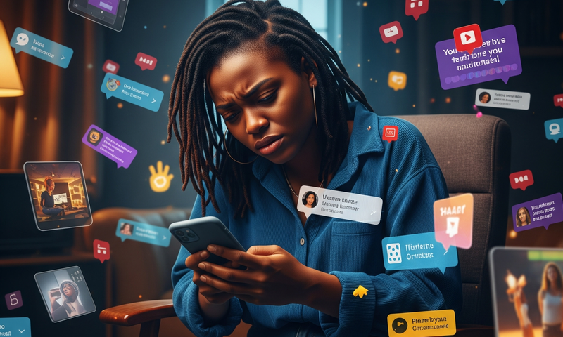 An AI-generated  image indicating a person overwhelmed by social media