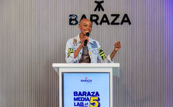 Adelle Onyango, Vice-Chair of the Baraza Media Lab Board of Directors, speaks at the Industrial Area Hub in Nairobi