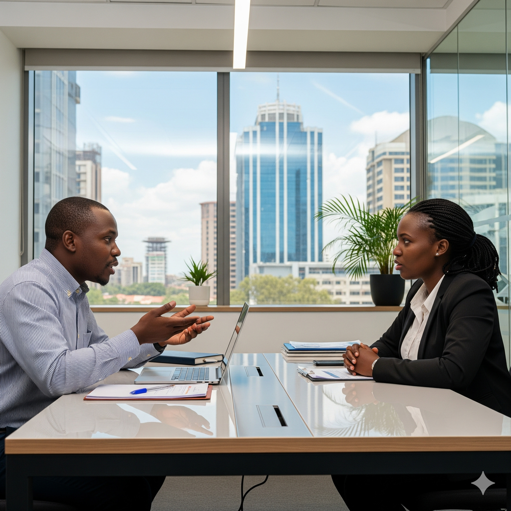 An AI-generated image of colleagues engaging each other in an office