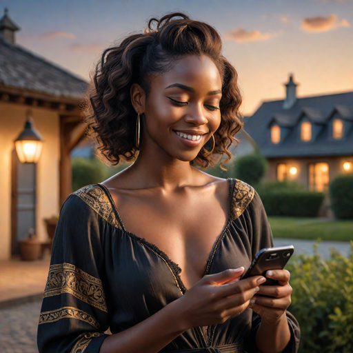 An AI-generated image of an extremely beautiful lady smiling on her phone