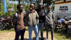 The four Kenyan filmmakers allegedly linked to BBC's Blood Parliament documentary Nicholas Gichuki Wambugu, MarkDenver Karubiu, Brian Adagala and Chris Wamae after their release on Saturday, May 3, 2025. (From L-R)
