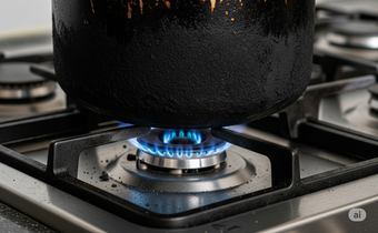 A sufuria with soot on a gas burner