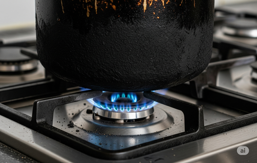 A sufuria with soot on a gas burner