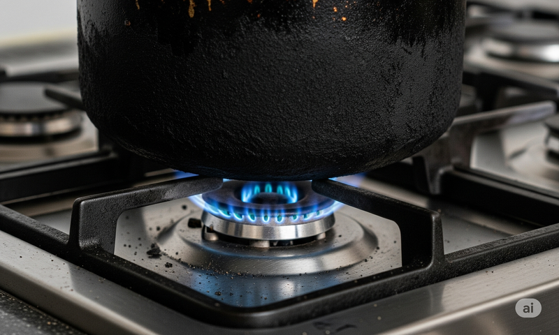 A sufuria with soot on a gas burner