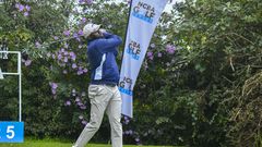 Titus Gichia tees off at the NCBA Golf Series at Limuru Country Club